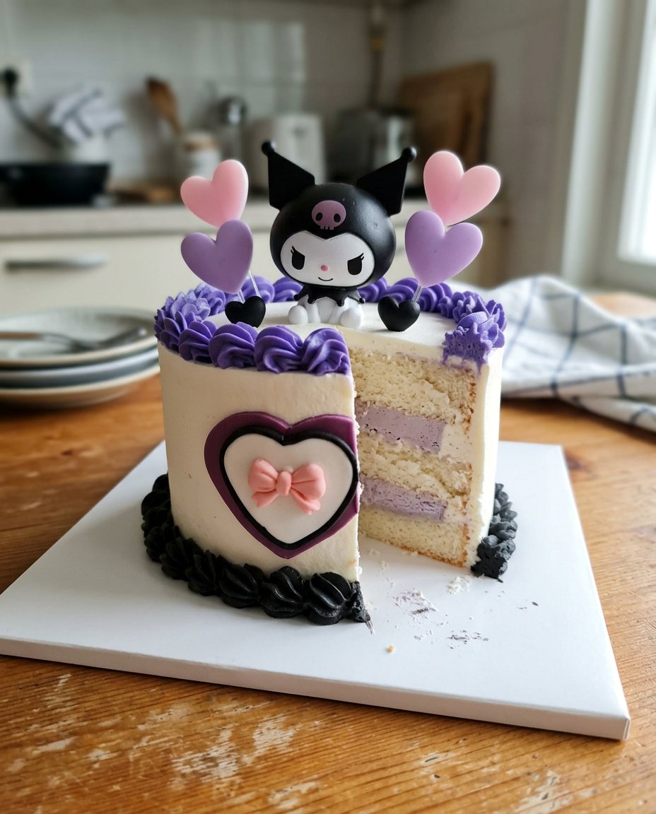 A beautifully decorated Kuromi cake with black and pink accents