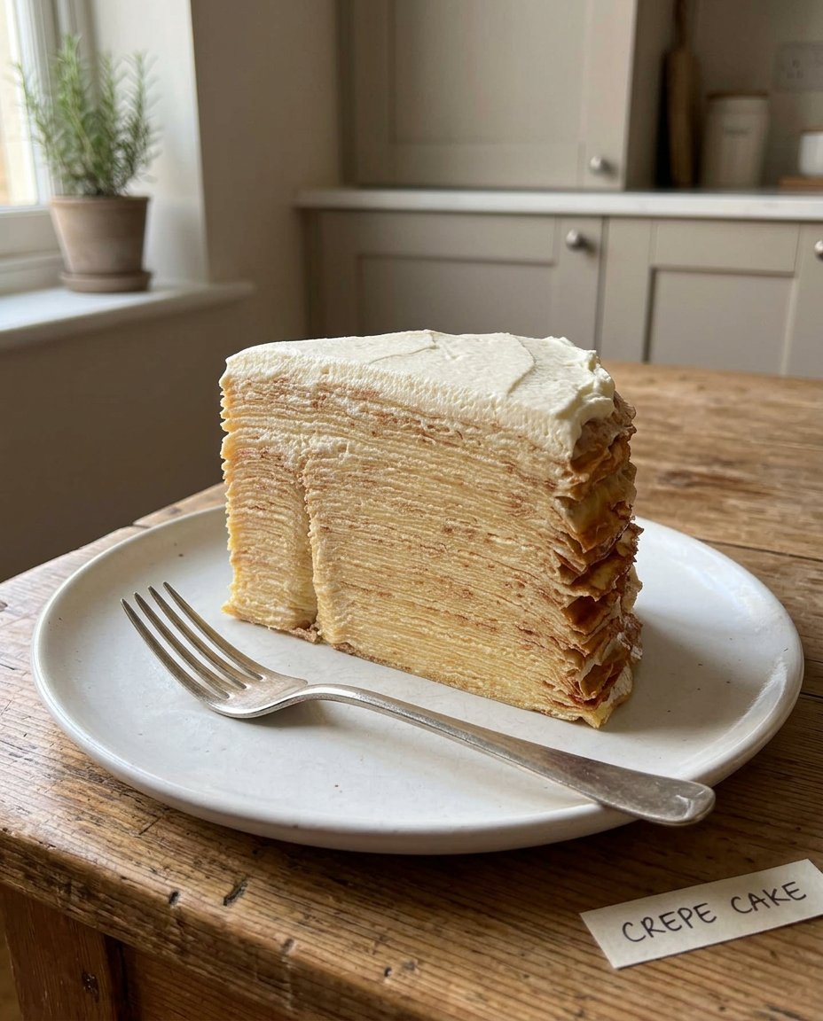 A golden thin crepe being flipped in a non stick pan with a palette knife
