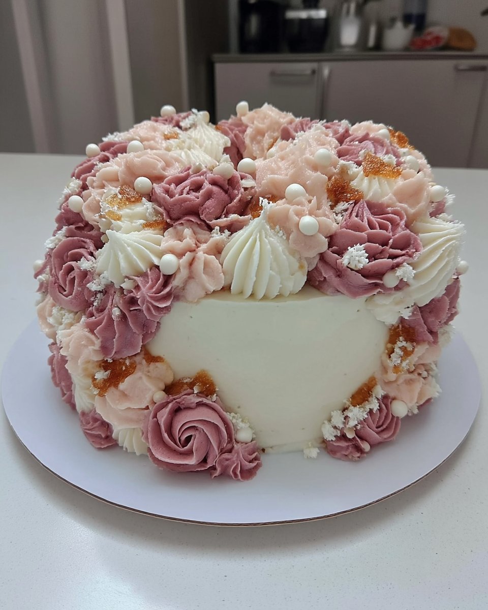 Common pantry ingredients like flour sugar and eggs laid out for a floral cake.