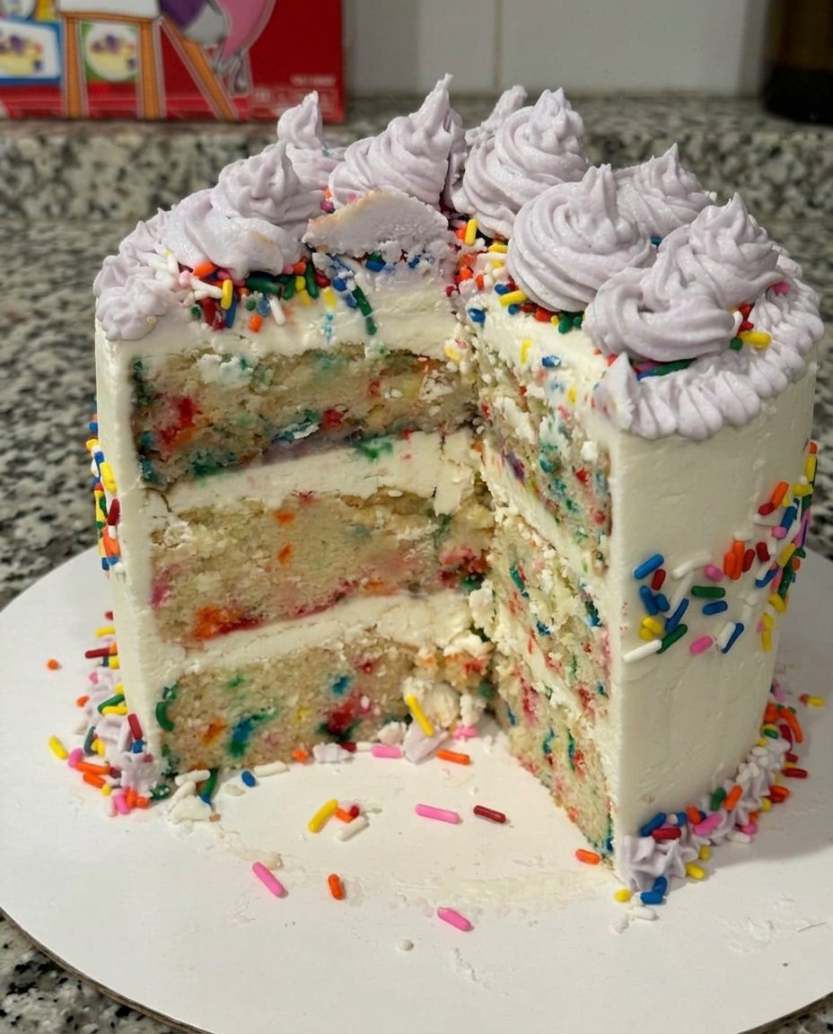 Funfetti Cake 13 Whisk attachment pulling out of a bowl of fluffy white buttercream frosting