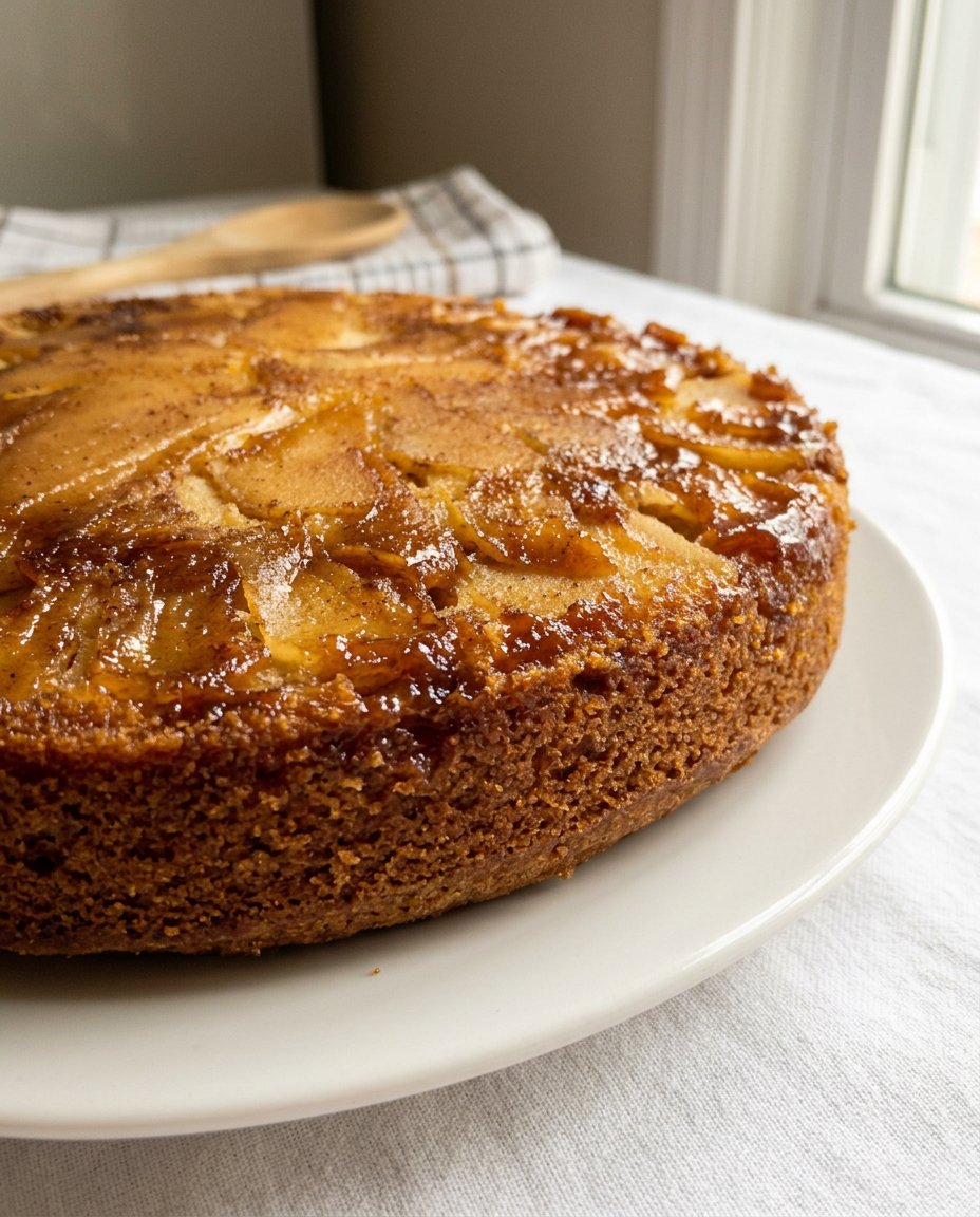 A 9 by 13 inch apple spice cake with decorative rows of sliced apples on top