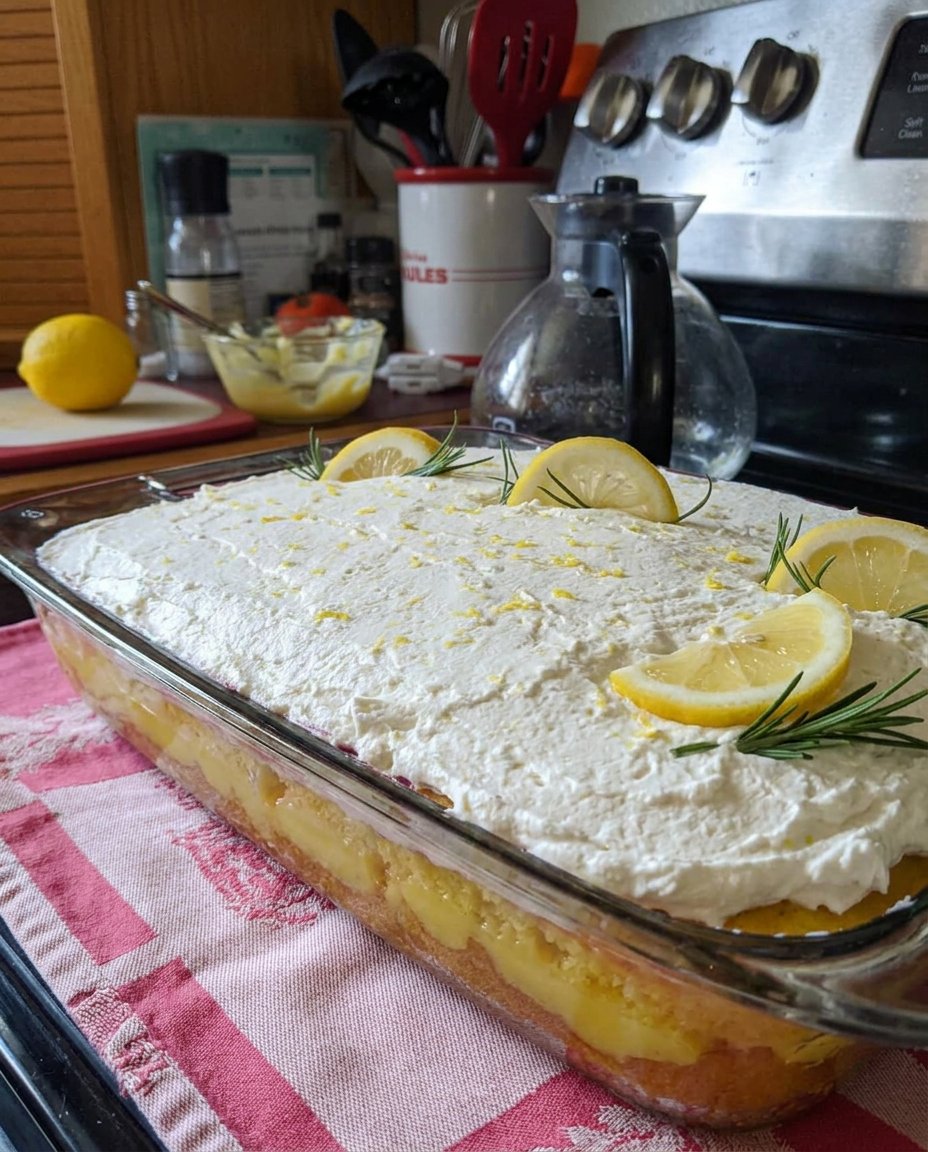 A freshly glazed lemon poke cake sitting in a baking pan on a kitchen counter.