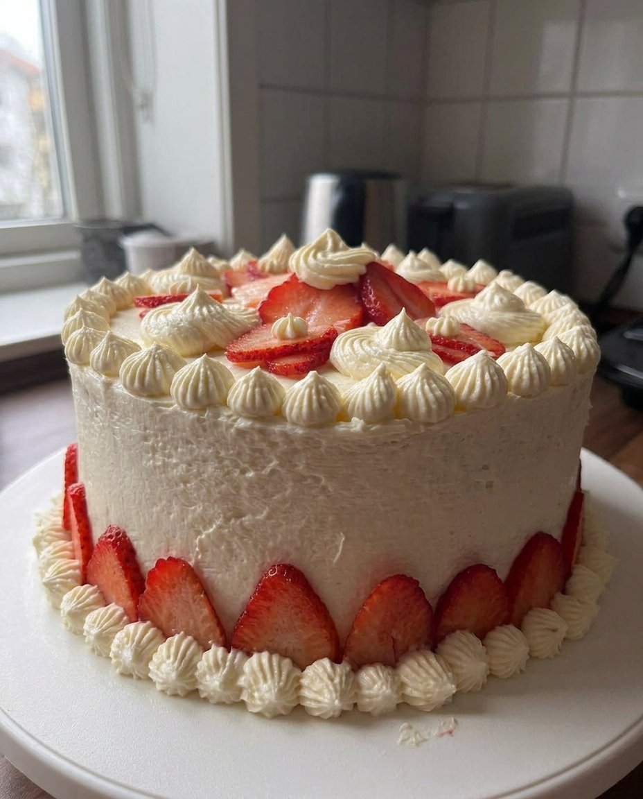 Fresh strawberries and simple baking ingredients like flour and eggs on a counter