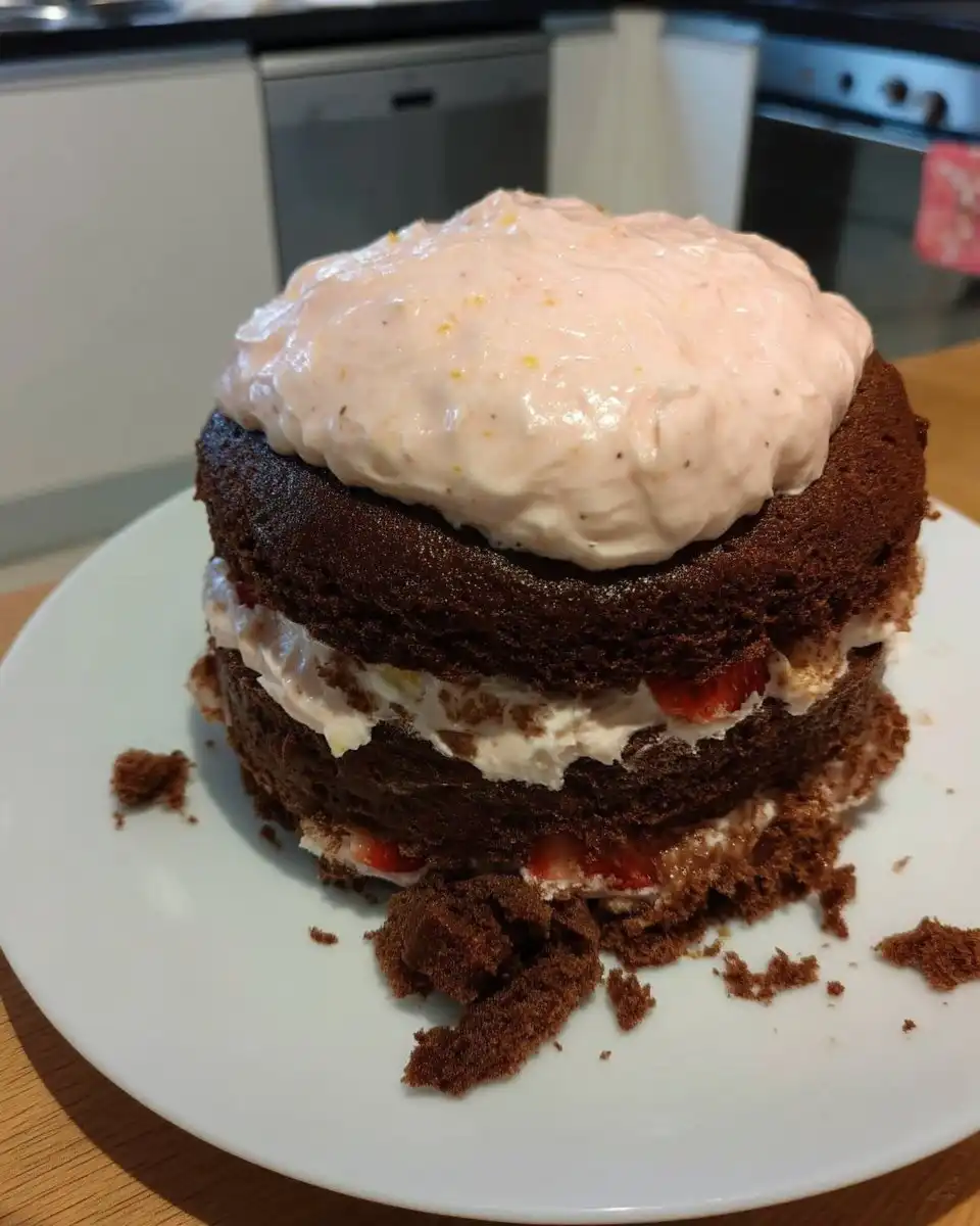 Ingredients for strawberry chocolate cake including cocoa powder, strawberries, and buttermilk