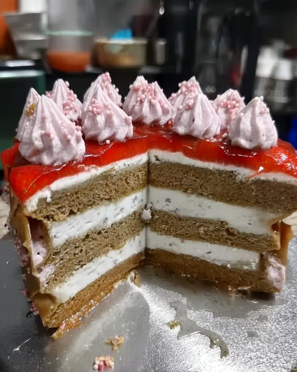 A beautiful pink strawberry layer cake with white frosting on a cake stand