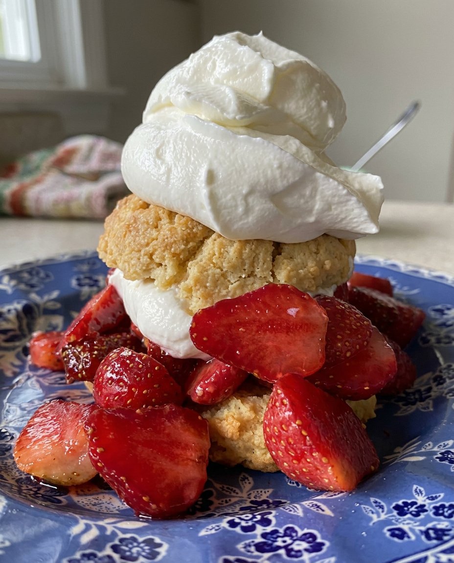 A fresh strawberry shortcake with whipped cream and berries