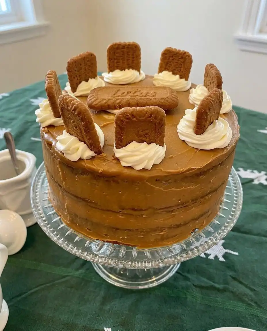 Close up of Biscoff buttercream being spread on a cake layer