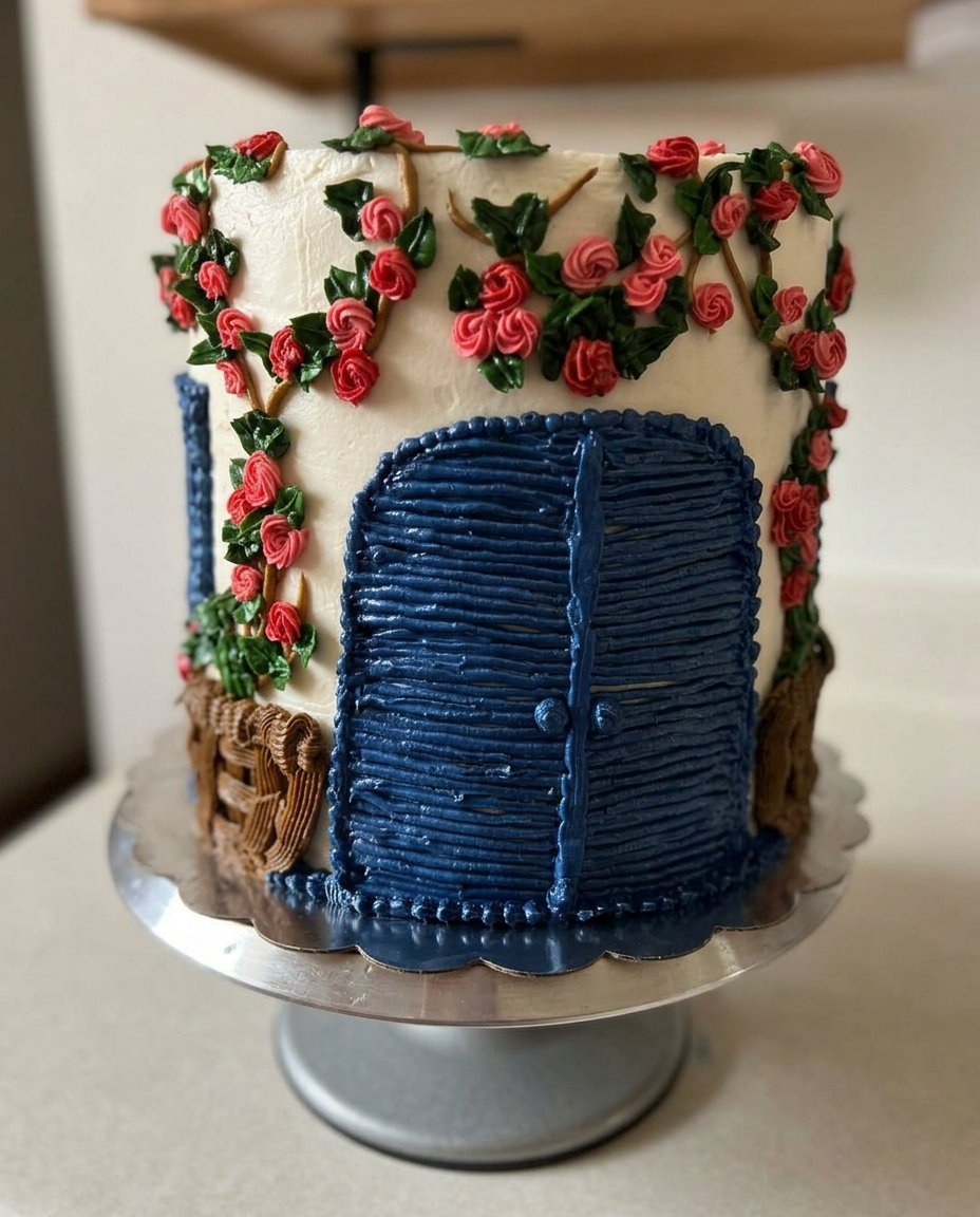 Mamma Mia Cake 14 A whole Mamma Mia Cake decorated with simple swirls and fresh raspberries