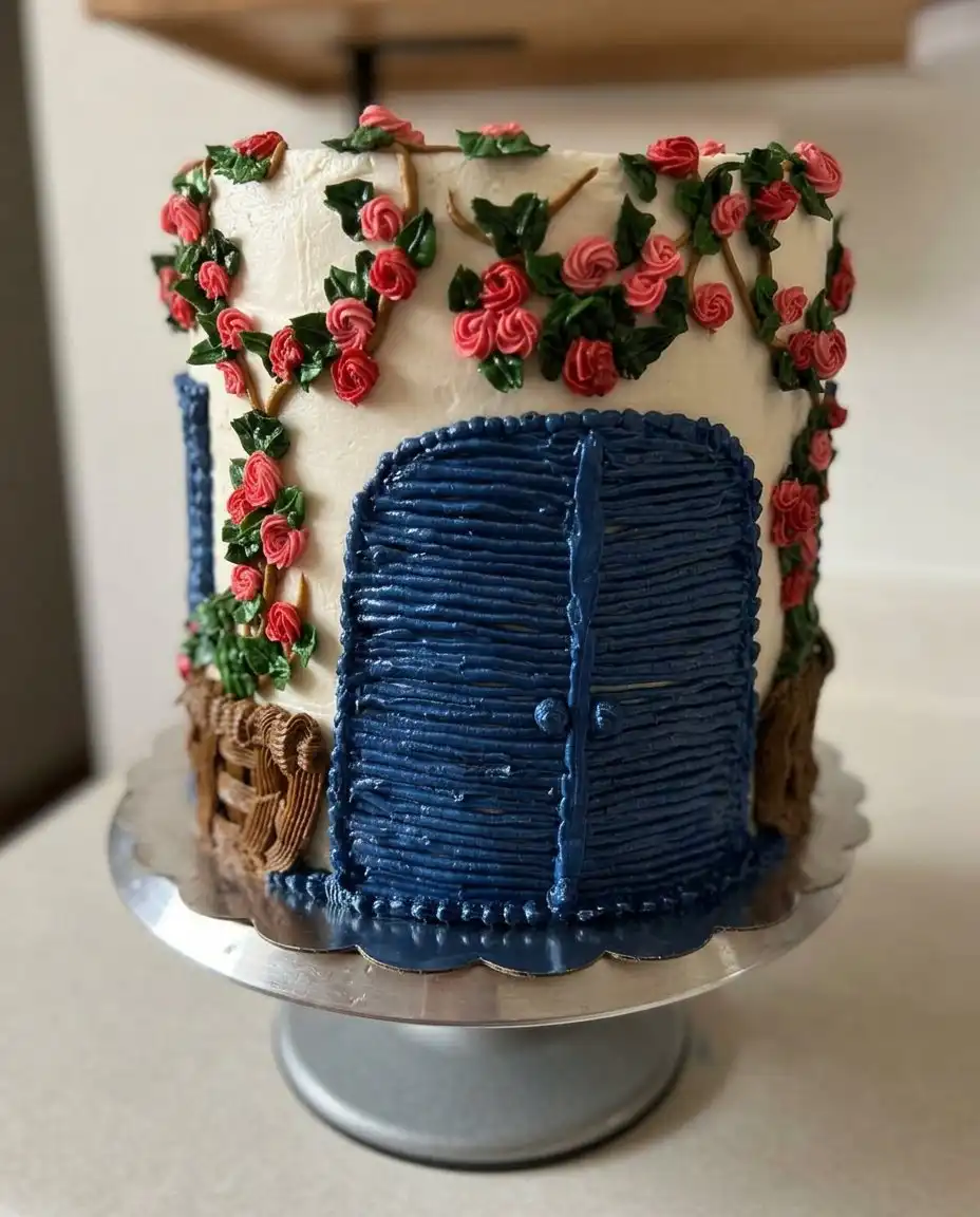 A whole Mamma Mia Cake decorated with simple swirls and fresh raspberries