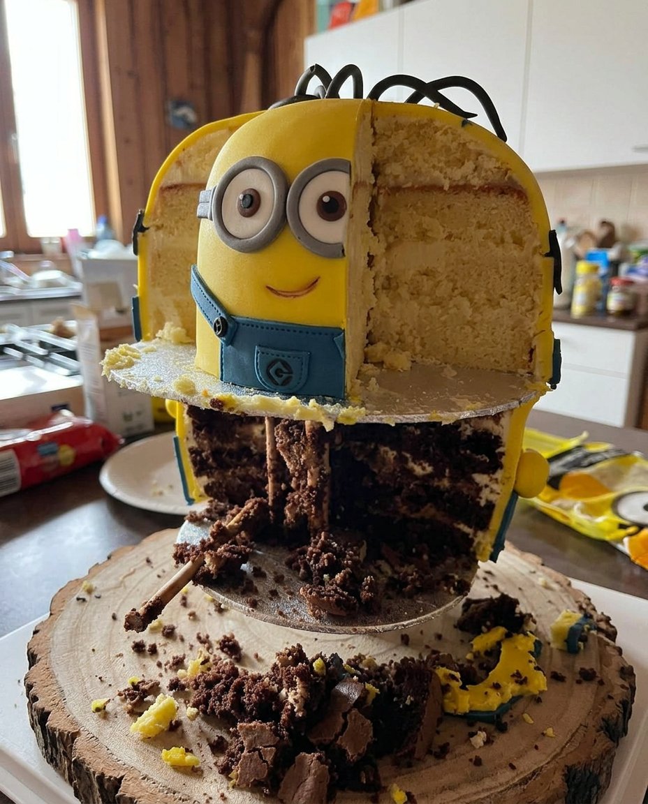 A rectangular cake being frosted with bright yellow buttercream