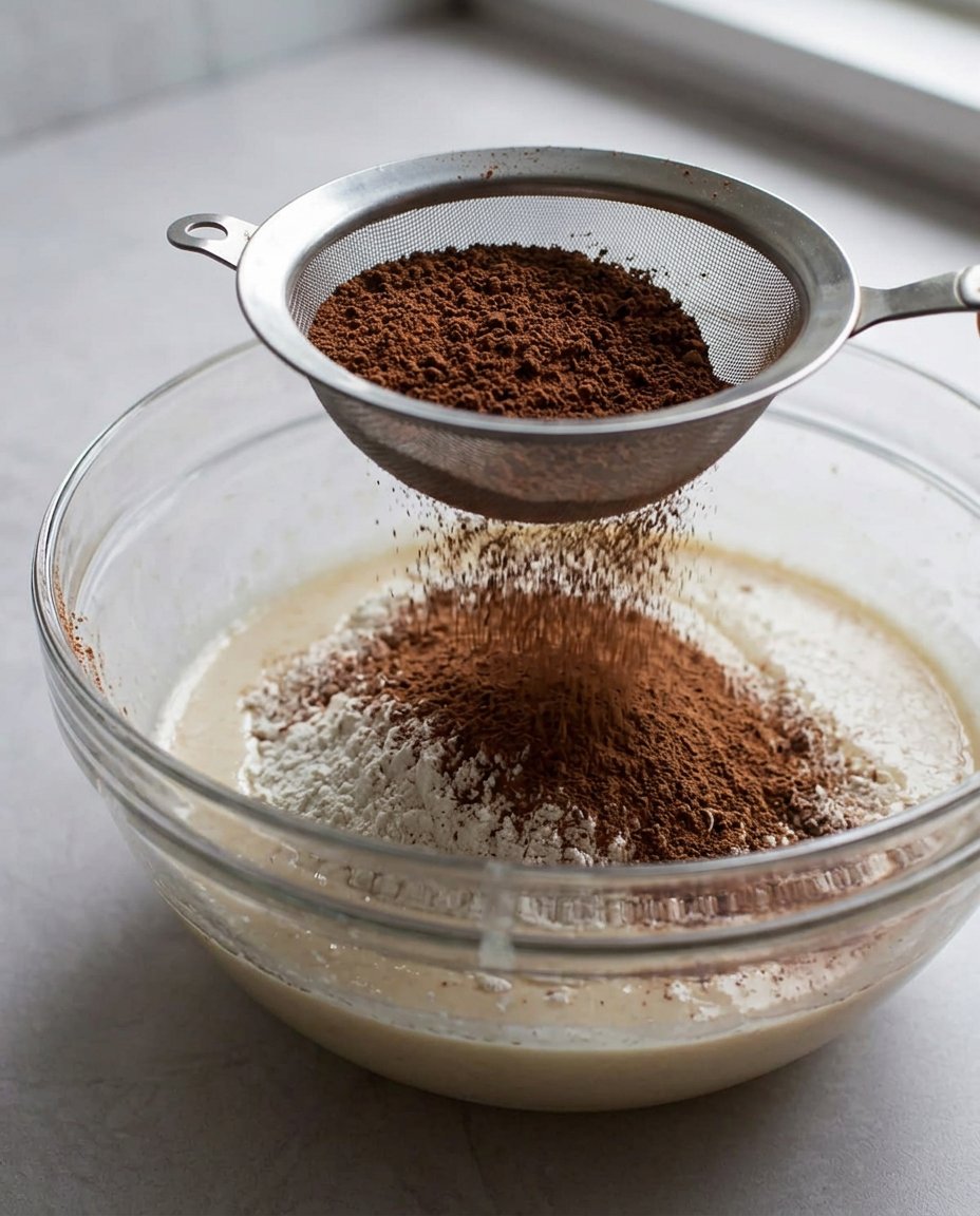 Close up of chocolate frosting being spread on a square cake