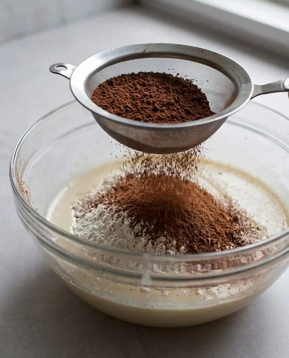 Close up of chocolate frosting being spread on a square cake