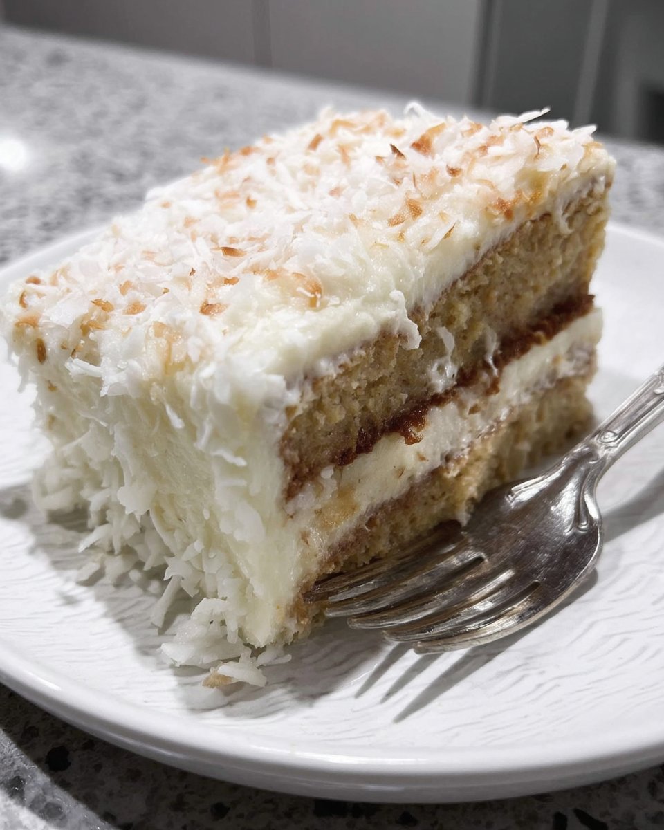 Spreading coconut cream cheese frosting on a cake layer
