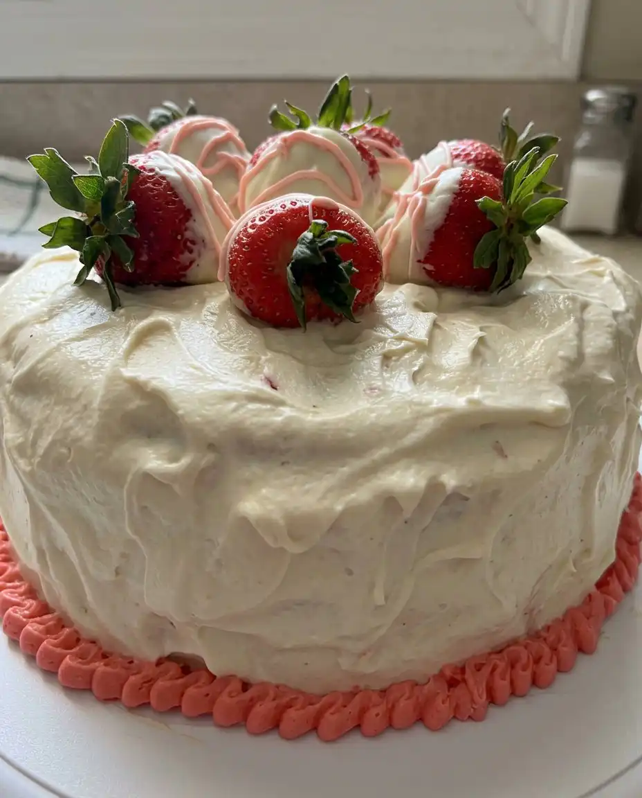 Strawberry Cake 3 13 Spreading pink frosting on a cake