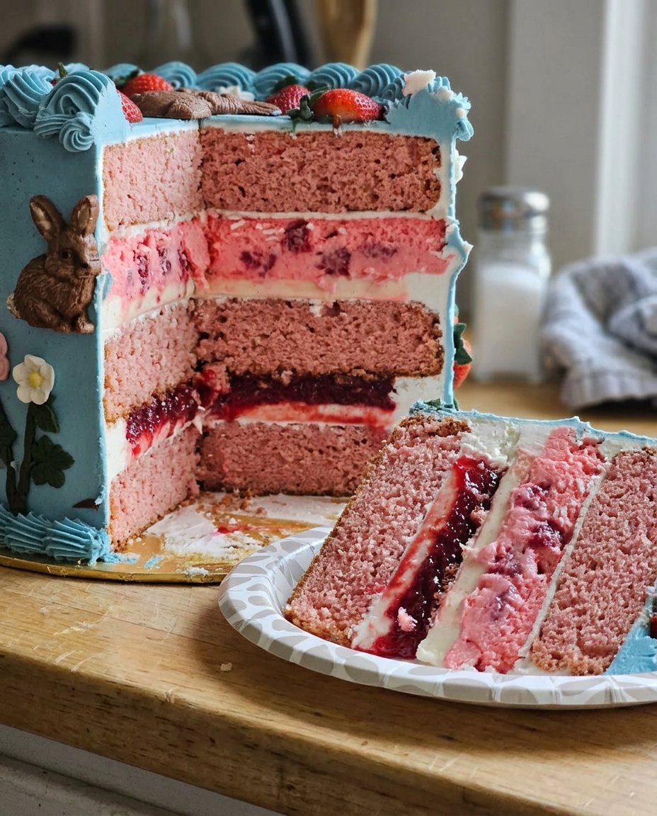 Bday Cake 13 Spreading smooth white buttercream frosting onto a yellow cake layer.