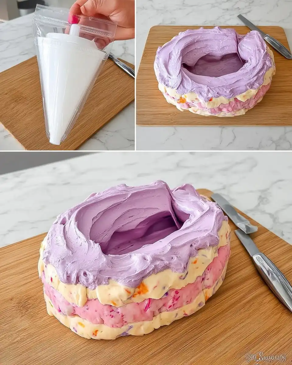 Hands using an offset spatula to apply white frosting to a layer cake