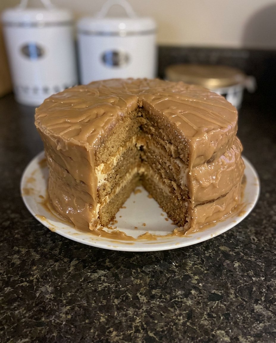 A person spreading thick caramel frosting on a yellow cake layer with an offset spatula.