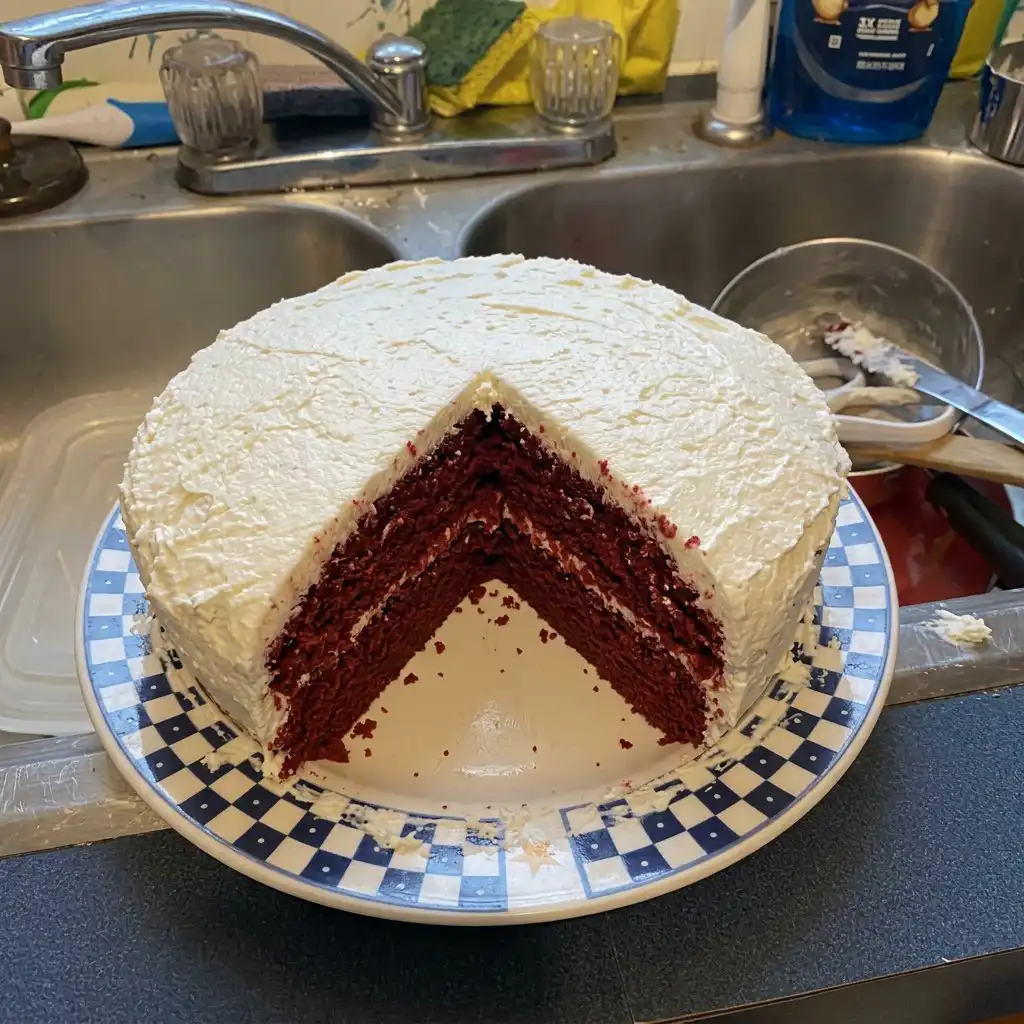 Hand spreading white frosting onto a bright red cake layer with a spatula