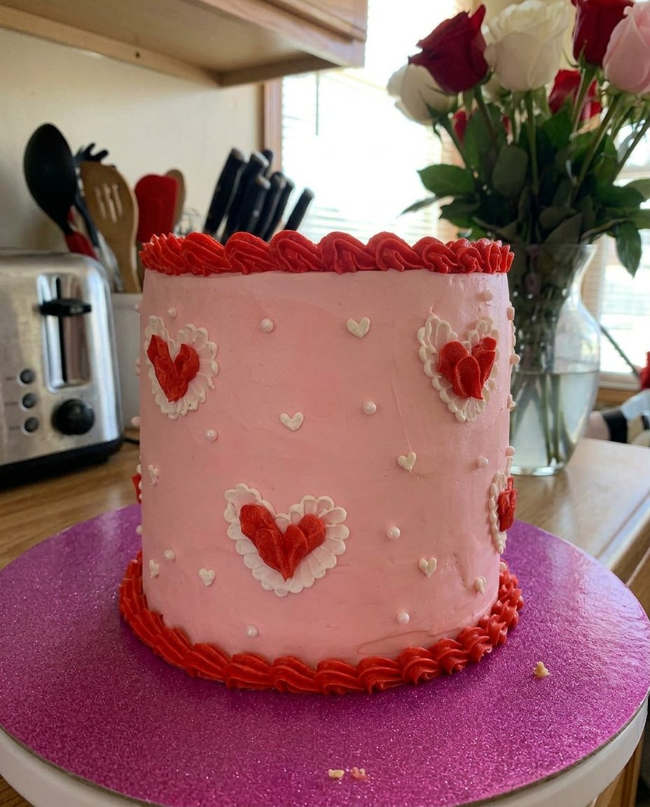 Valentines Day Cake 13 Smooth vanilla buttercream being spread on a layered cake