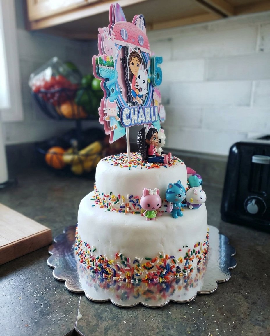 A two layer vanilla cake with pink frosting and dollhouse decorations