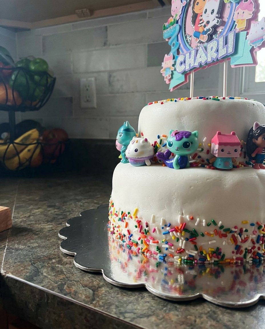 A slice of vanilla cake with pink frosting on a white plate