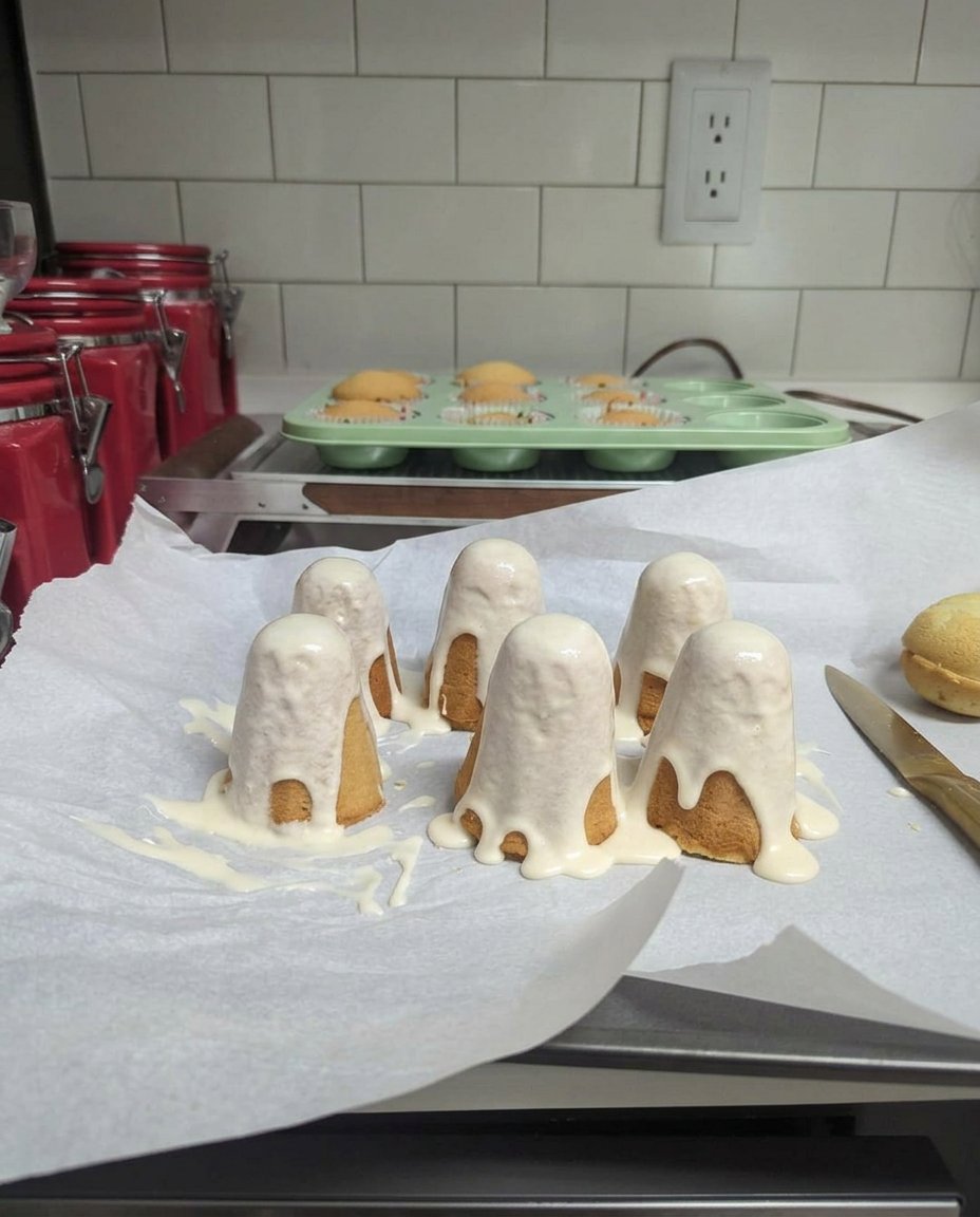 A friendly white ghost cake standing on a black platter for Halloween