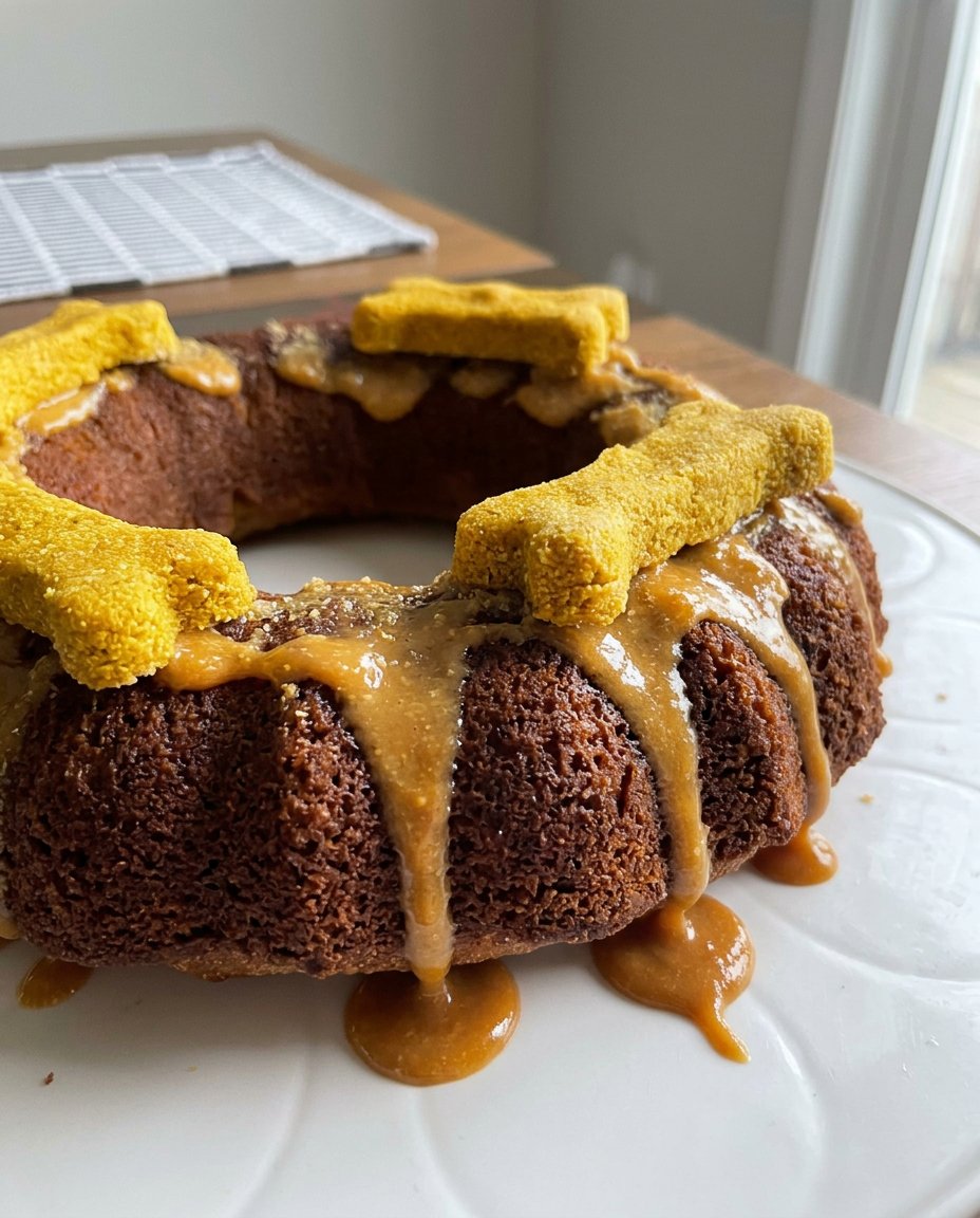 A golden brown baked dog cake in a ring mold