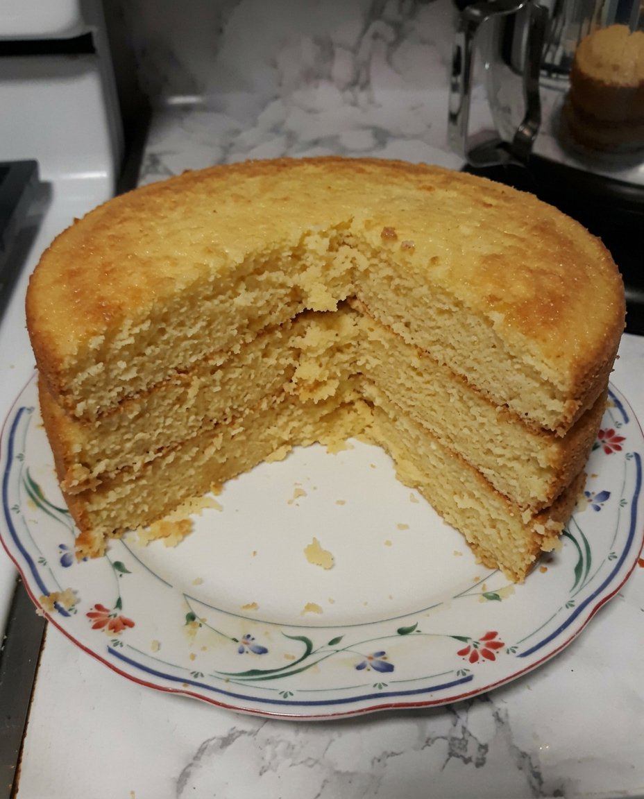 A three layer caramel cake with thick golden frosting on a cake stand.