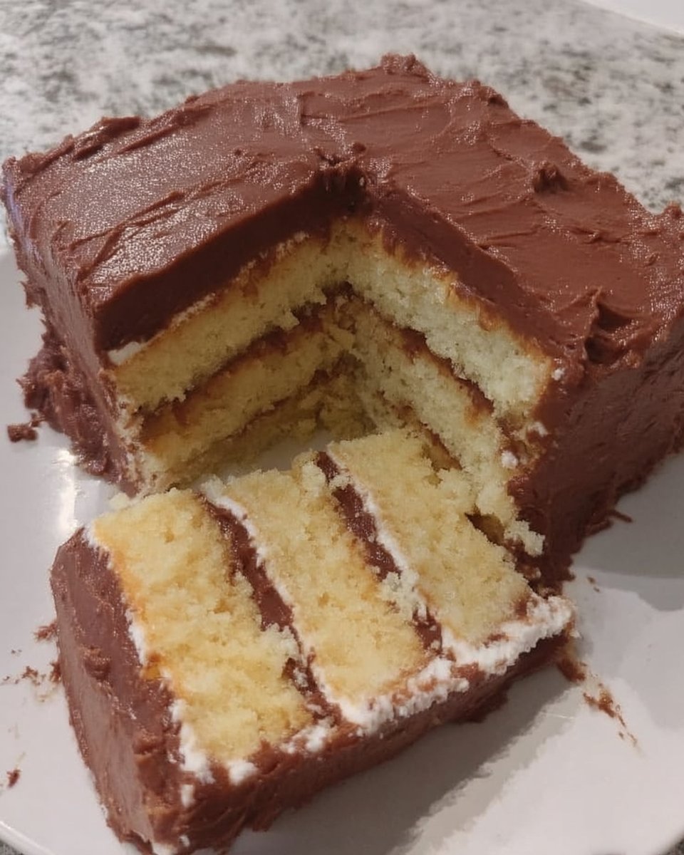 A double layer yellow cake with thick chocolate buttercream frosting and colorful sprinkles