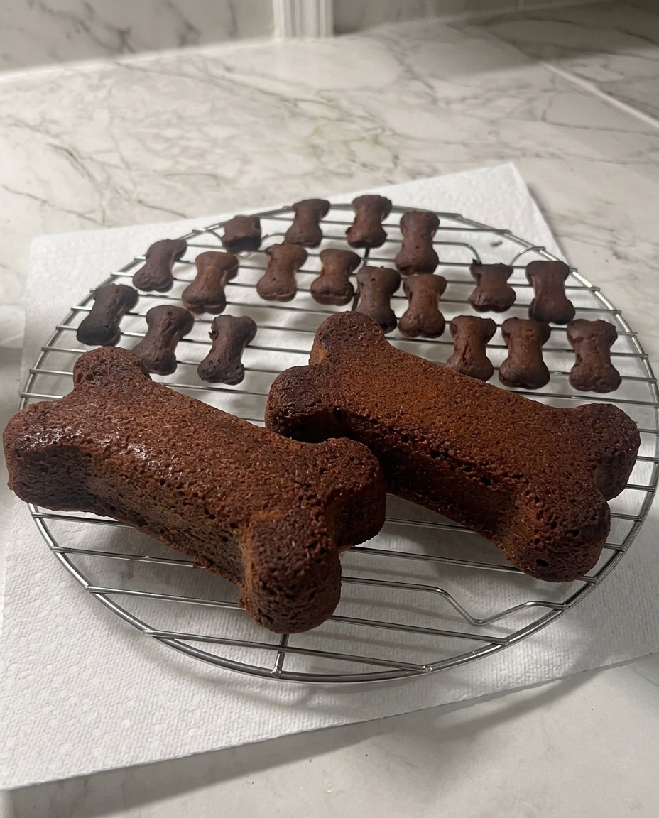 A happy dog sitting next to a freshly baked peanut butter and carrot dog cake