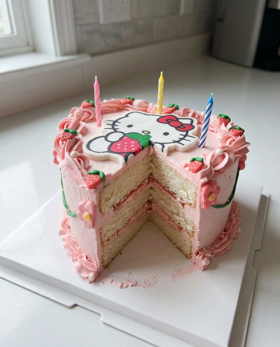 A hand using a piping bag to decorate a Hello Kitty cake with white stars.