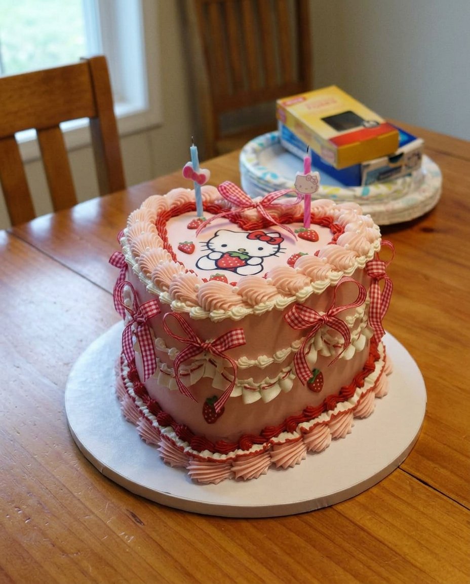 Ingredients for the Hello Kitty cake including cake flour, strawberries, and buttermilk.