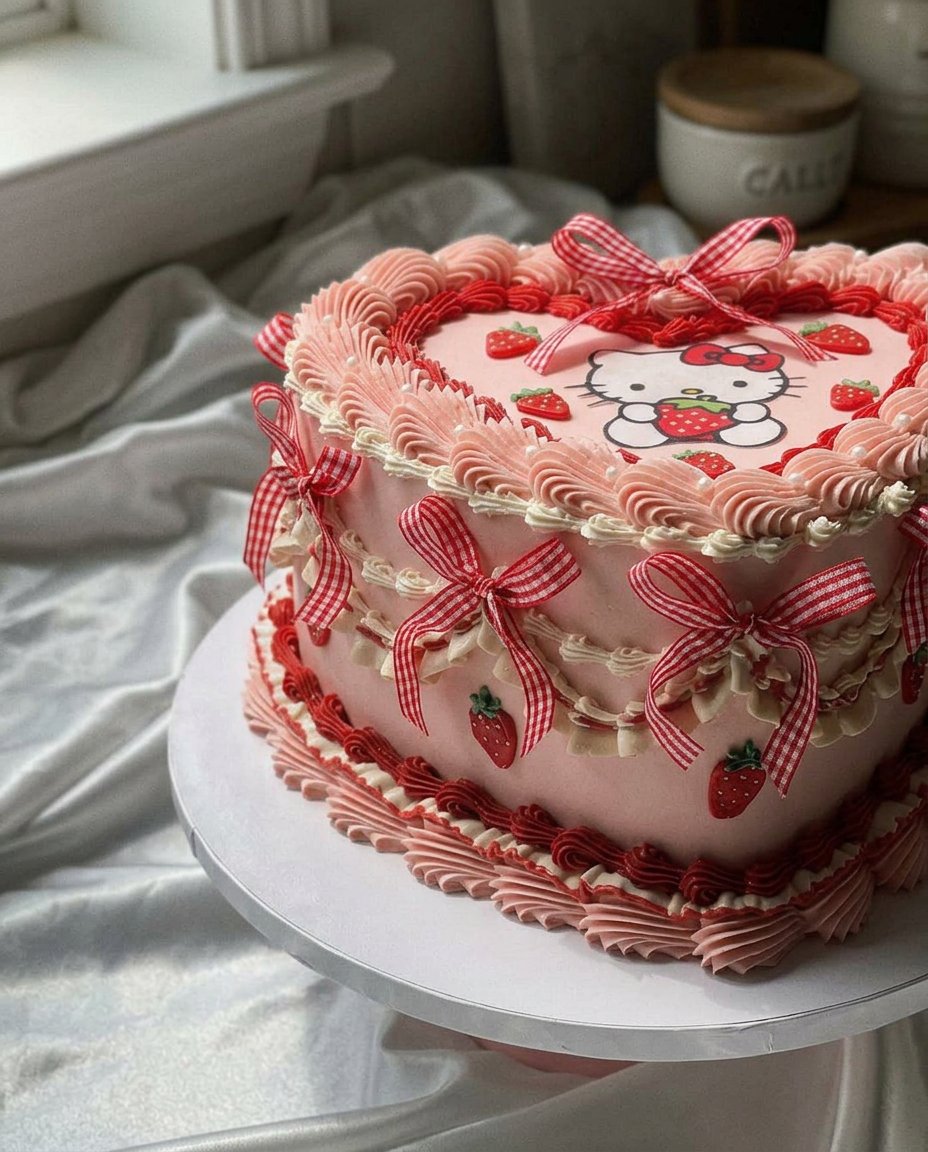 The finished Hello Kitty cake served on a pink plate for a birthday party.