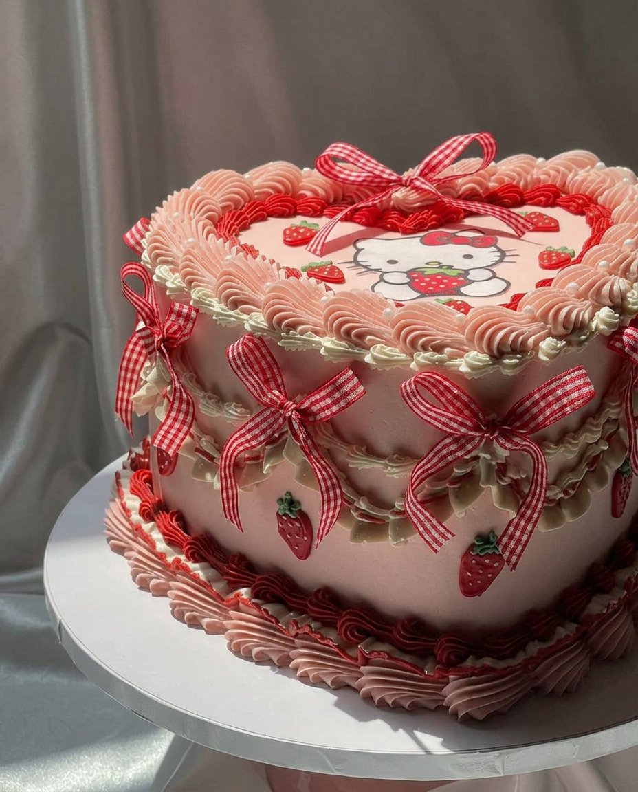 A Hello Kitty cake sliced open to show the pink and white strawberry marble batter.