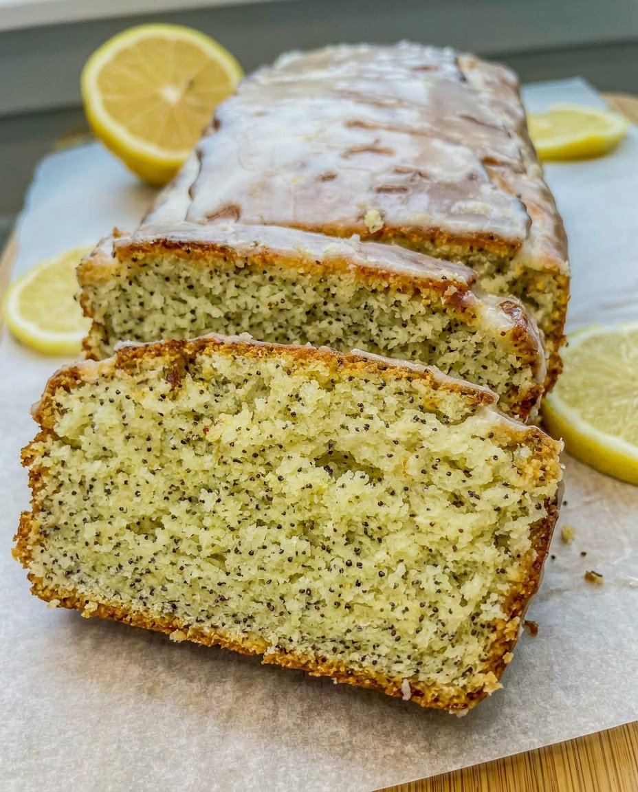 Bowls of flour, sugar, poppy seeds, lemons, and sour cream on a kitchen counter.