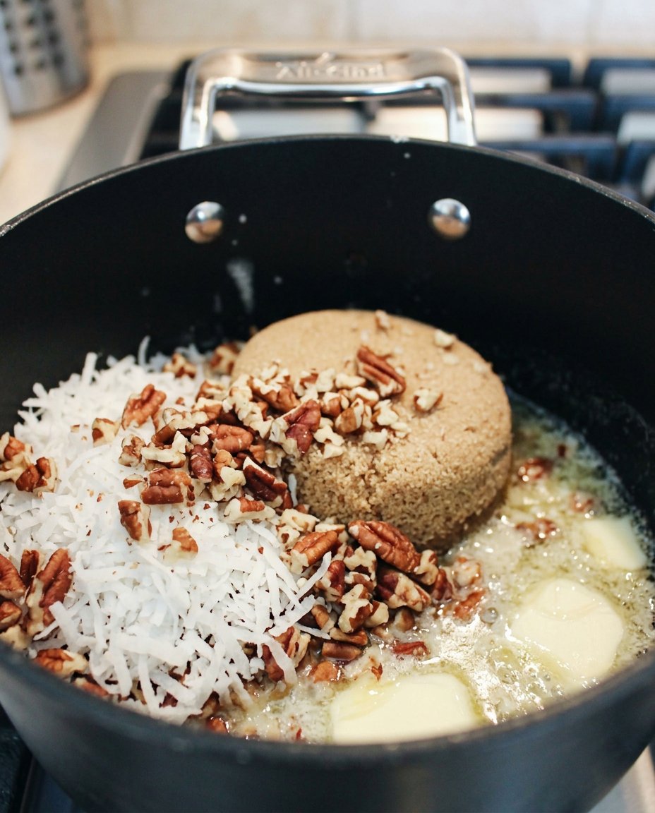 Oatmeal Cake 12 A layout of old fashioned oats, cinnamon, nutmeg, coconut, and brown sugar on a kitchen counter
