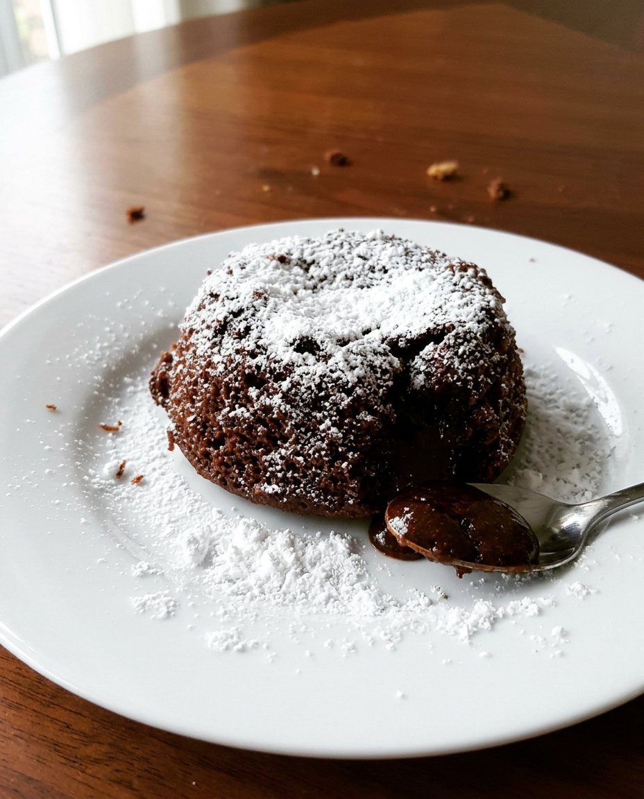 A warm chocolate lava cake on a white plate with a molten center flowing out.