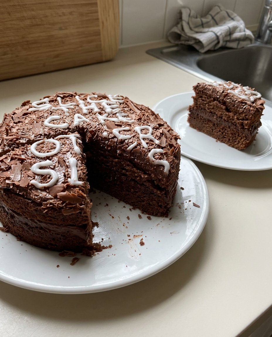 A triple layered slice cake with pink feathered icing