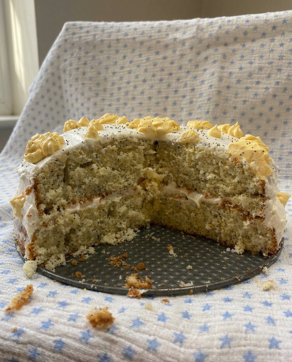 A large glass bowl filled with yellow cake batter and black poppy seeds being whisked.