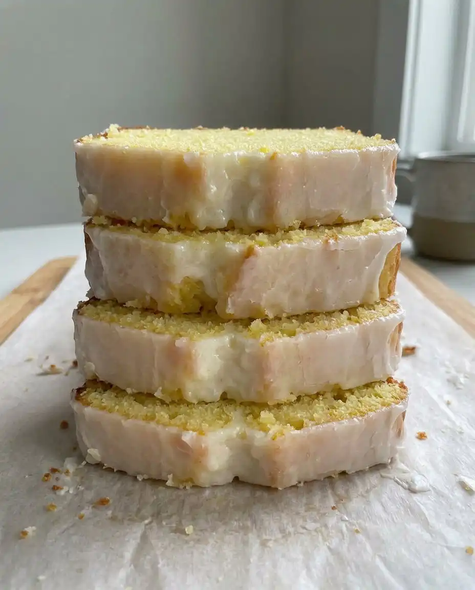 A slice of lemon pound cake on a plate next to a cup of tea