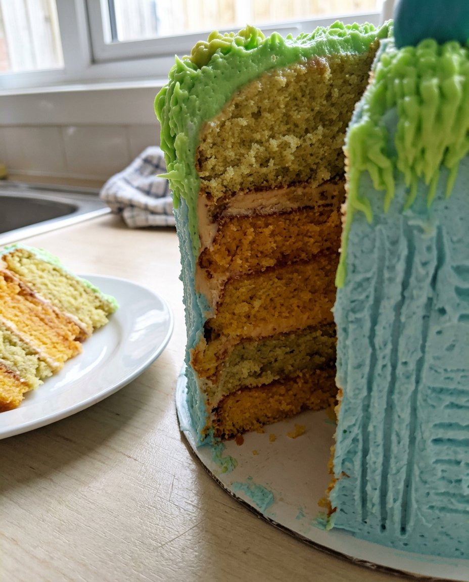 A vibrant slice of Lemon Rainbow Cake 3 showing red orange yellow green blue and purple layers