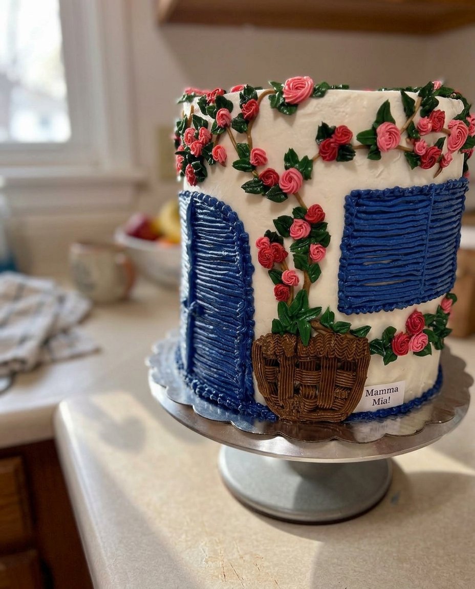 Mamma Mia Cake 12 Baking ingredients like flour butter and eggs spread out on a kitchen counter