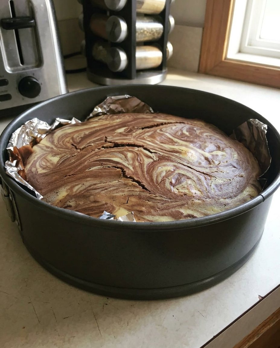 A beautiful Marvel Cake with chocolate and vanilla swirls dusted with icing sugar