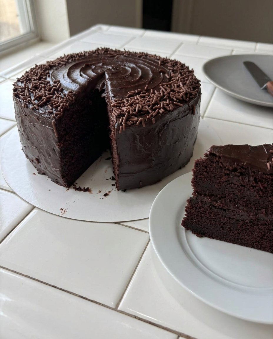 A rich and dark Matilda chocolate cake sitting on a wooden kitchen counter