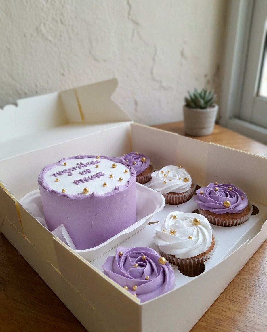 A beautiful mini cake bento decorated with pink frosting inside a white takeout box