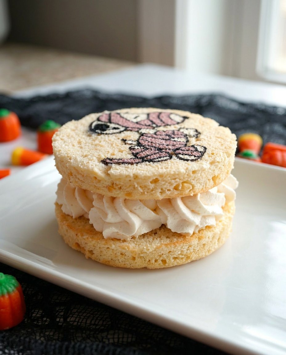 A mini sponge cake with a custom drawing on top