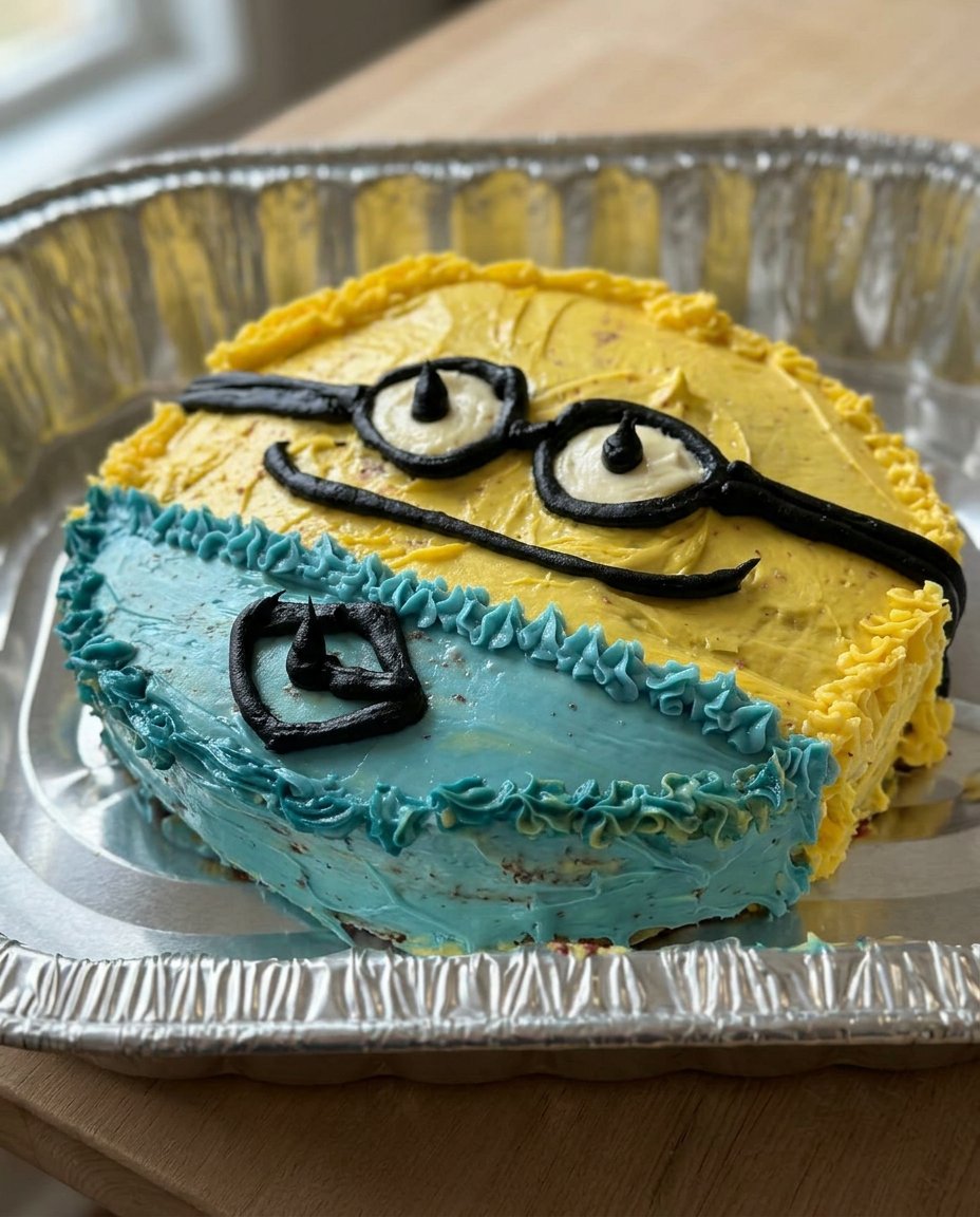 A freshly baked minion cake cooling on a wire rack before frosting