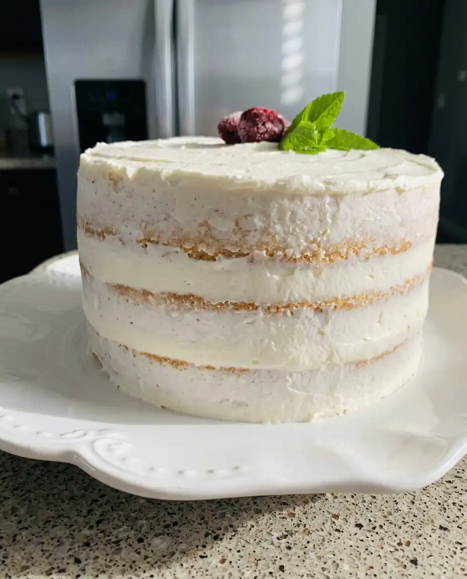 Electric mixer blending white cake batter in a glass bowl