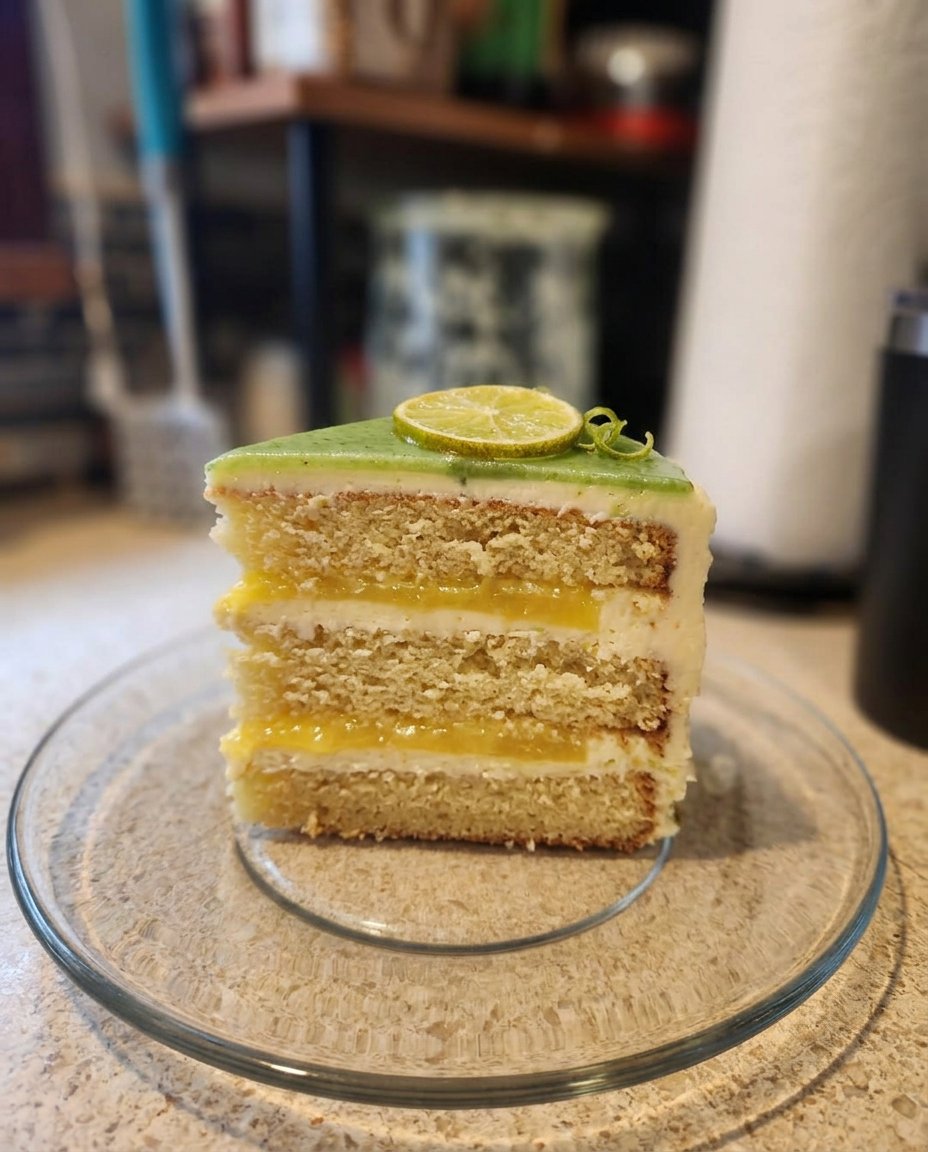 Mixing light green cake batter in a glass bowl with a silicone spatula