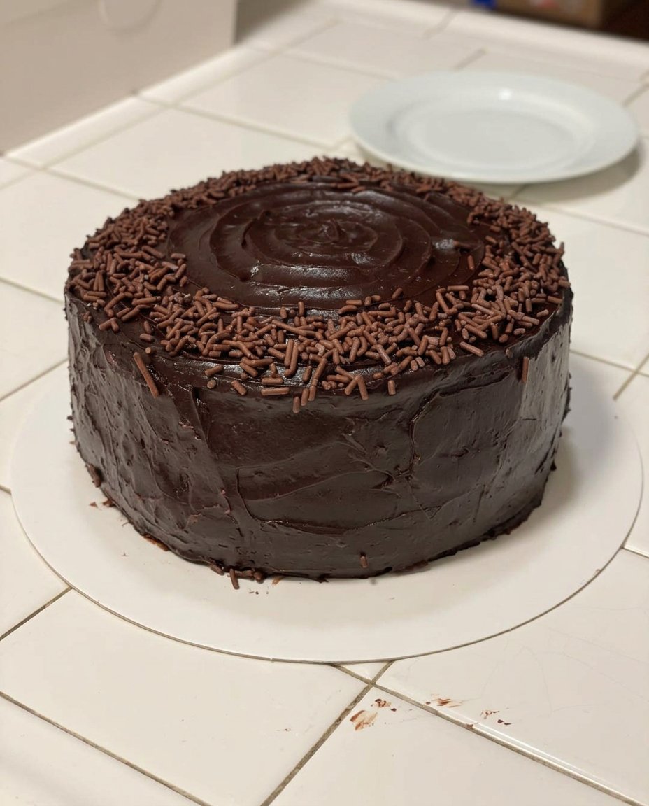 Two dark chocolate cake layers cooling on a wire rack